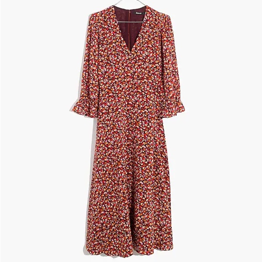 Madewell Long-Sleeve Crossover Midi Dress in Clipdot Spring Prairie